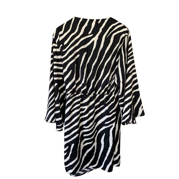 H&M Satin Front Wrap Zebra Print Dress Black, Size L - Picture 2 of 10